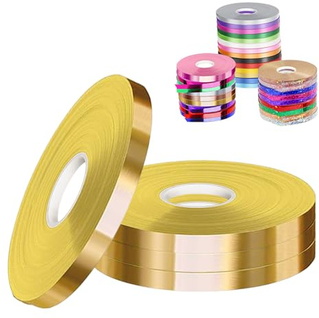 POPOYU 4 Stück Schleifenband Gold für Luftballons, 5mm x 50m Polyester Satinband Geschenkband Stoffband Seidenbänder für Heimwerkerkunst DIY-Handwerk, Geschenk Goldenes Band für Luftballons