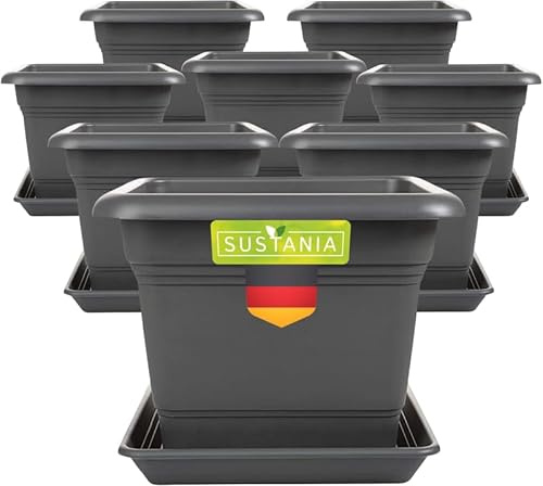 SUSTANIA Pflanzkübel Eckig 28x28 Anthrazit 8er Set - Robuster Blumentopf GroÃŸ, Ãœbertopf Ideal für Tomatenpflanzen, Eckige Pflanztöpfe Kunststoff für Garten & Balkon