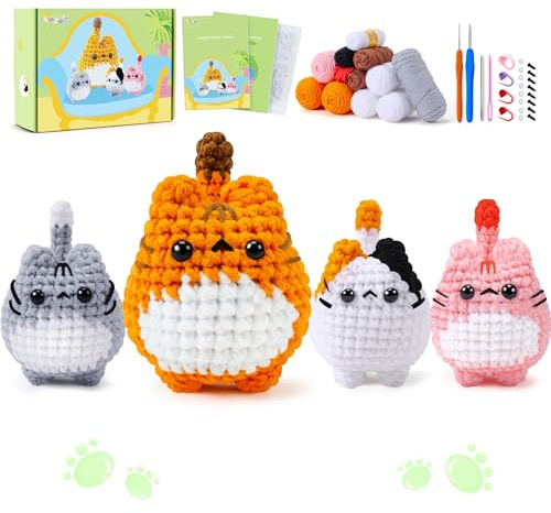 Crochet Kit for Beginners Animal Cat Crochet Kit for Adults Kids, Knitting Kits Complete Crochet Set with Step-by-Step Video Tutorials, 4pcs Cat Crochet Animal Kit Surprise Gift Birthday (Orange big)