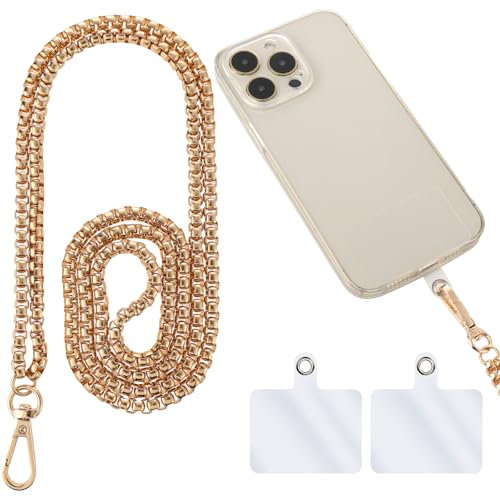 AOZUO Metal Phone Chain Holder, Universal Phone Lanyard Cell Phone Crossbody Neck Strap Anti Theft Detachable Mobile Phone Wrist Strap with Tether Pads Compatible with Most Smartphones