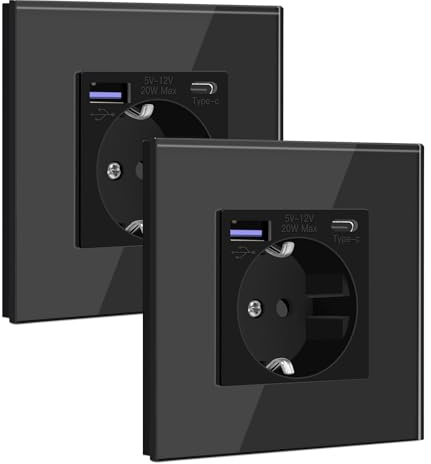 BSEED Enchufe Schuko con USB C 20W 1 Gang 2 Pack, Enchufe de Pared con USB 16A con Placa de Cristal 86 * 86mm, Negro
