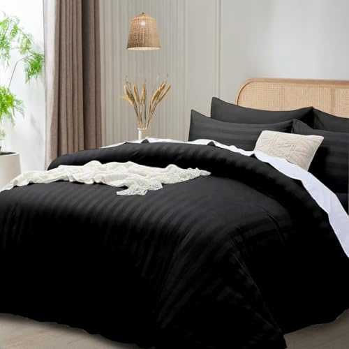 funky gadgets King Size Duvet Cover Sets Black, Microfiber Satin Stripe Duvet Cover Luxury Hotel Bedding Set with Pillowcases Breathable Ultra Soft Reversible Quilt Covers.