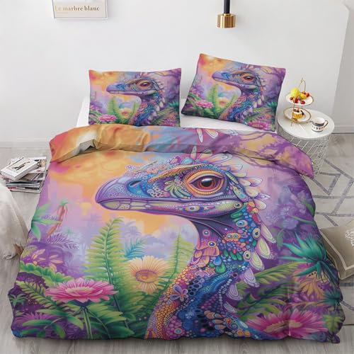 QBIDCSX Bettwäsche 135x200 Dinosaurier Kinderbettwäsche Bettwäsche Set für Kinder Mädchen, Weiche und Angenehme Mikrofaser Bettbezüge 135x200 cm mit Reißverschluss + 2 Kissenbezug 80x80 cm
