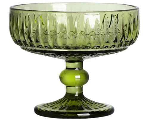 WAIT FLY Vintage Embossed Stripe Glass Dessert Bowl, Footed Trifle Bowl Ice Cream Bowl Serving Bowl-Green