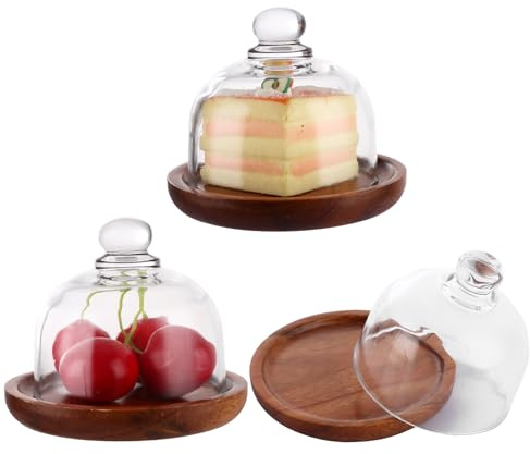 LOPYXBR 3PCS Mini Cake Stand with Dome Lid Glass, 10.4 x 9 cm Wooden Cake Stand with Glass Cake Dome Small Cakes Display Stands with Glasses Domes Cover for Birthday Party Wedding Kitchen