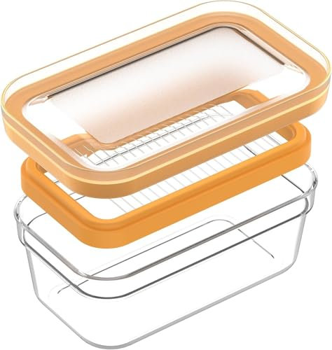 Butter Cutter Dish with Lid with Stainless Steel Wire Airtight Butter Keeper BPA Free Butter Cutter Slicer Butter Storage Box Butter Container for Fridge Tabletop Perfect for Butter Cheese (Orange)