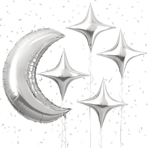 Froova Moon and Star Balloons with 36 Inch Large Metallic Silver Moon Shape Foil Balloon 18 In Silver Chrome Star Shaped Helium Balloon for Ramadan Eid Baby Shower Wedding Birthday Party Decor