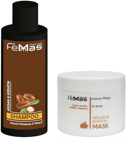 FemMas Argan & Keratin Shampoo + Argan & Keratin Haarmaske je 300ml - regenerieren und nähren das Haar - Anti-Spliss - alle Haartypen