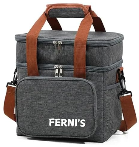 Ferni's Double Deck Insulated Lunch Bag, Dual Compartment Lunch Box for Men and Women Office, Leakproof Thermal Expandable Tote Bag with Shoulder Strap Grey