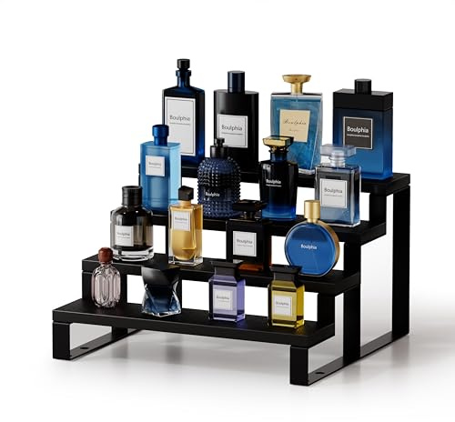 Boulphia Cologne Organizer for Men, 12 Inch Wood Cologne Stand 4 Tier Perfume Organizer for Dresser, Versatile Step Display Stand Shelf for Fragrance, Skincare, Figurine, Dessert, 1 Set Black