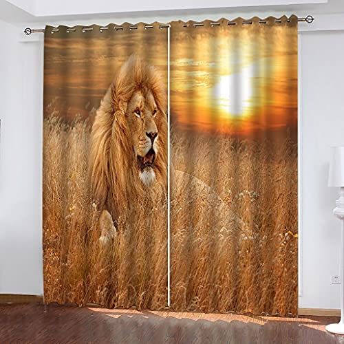Blickdichte Vorhänge Mit Motiv 3D Tier Löwe Sonnenuntergang Landschaft Kinder Gardinen Ösen Gardine Thermo 280x160 Cm Schlafzimmer Kinderzimmer Vorhange Dekoratives Muster, Verdunklungsvorhänge