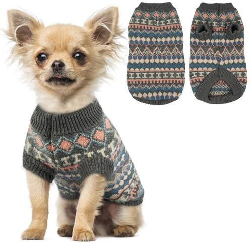 Hjumarayan Hundepullover für kleine Hunde – Boho Strickpullover warm & dick für kalte Wintertage | weich & elastisch | mit Geschirröffnung | leicht anzuziehen | Zwergspitz (Grau S)
