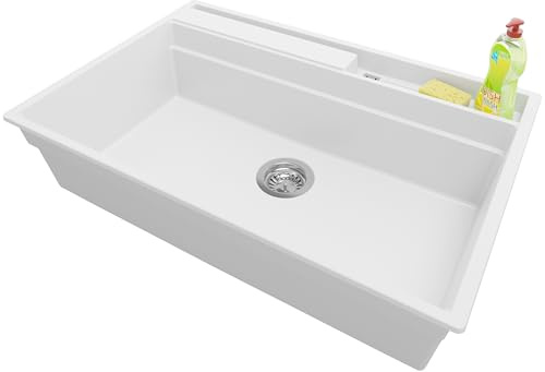 PRIMAGRAN Lavello da Cucina Bianco 78x53cm, Lavandino in Granito a 1 vasca + Sifone Classico, Lavabo Incasso al mobile 80cm - Oslo Pocket S223