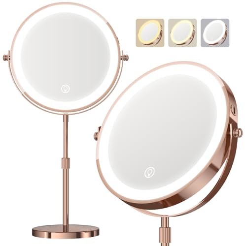 Makeup Mirror with Lights, 5000 mAh Rechargeable Double Sided Magnifying Vanity Mirror with 3 Colors, 1x/20x, 360° Rotation , Brightness Adjustable Magnification Lighted Makeup Mirror, Women Gift