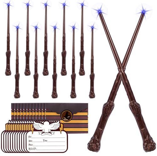 MagicRanger Light Up Wizard Magic Wands with Sound - 12PCS Illuminating Witch Toy Wand Set with 12 Invitation Cards & Envelopes - for Kids Party Birthday Gifts, Brown