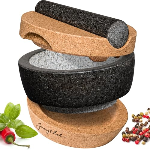 JUNGTHAL Set mortaio con pestello | granito | base in sughero | coperchio in sughero | XXL grande per spezie ed erbe aromatiche