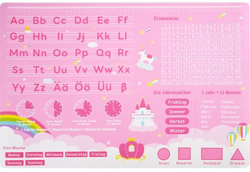 Alishomtll Schreibtischunterlage für Kinder Rosa Einhorn-ABC Tischunterlage Abwischbar Kinderschreibtisch-Unterlage Wasserfest Bastelunterlage Rutschfest Lernunterlage zur Einschulung 60 x 40 cm