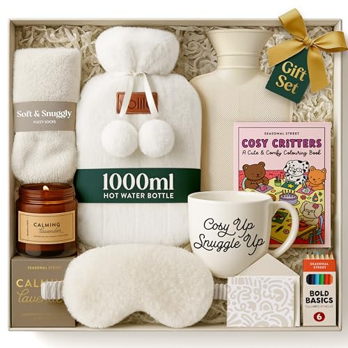 Set Regalo con Borsa Acqua Calda – Boule Acqua Calda Bianco da 1000ml con Calzini, Tazza, Candela, Mascherina per gli Occhi e Libro da Colorare con Matita