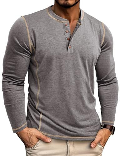 Tee Shirt Homme Manches Longues T Shirt Coton Henley T-Shirts Col Tunisien Décontracté Slim Fit Tshirt Gris XXXL