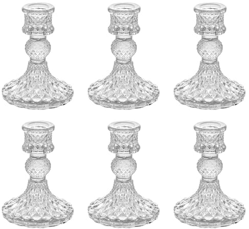 Candlestick Holders, Taper Candle Holders Glass, Candle Pillar Stands for Table Mantel Wedding Housewarming Gift Home Decoration (Clear 6pcs)
