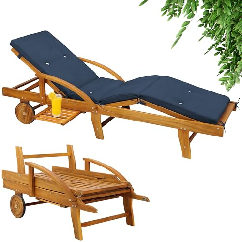 Casaria® Sonnenliege Holz inkl. Auflage Blau 320kg Belastbar 2 Personen Klappbar Gartenliege Räder 195x55cm Verstellbar Ablage Akazie Liege Terrasse Wetterfest