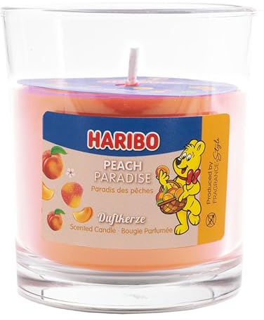 Haribo Peach Paradise Duftkerze Paraffinwachs HxT 8,5 x 7,5 cm Kerze im Glas, Aromakerze, Geschenkidee, orange