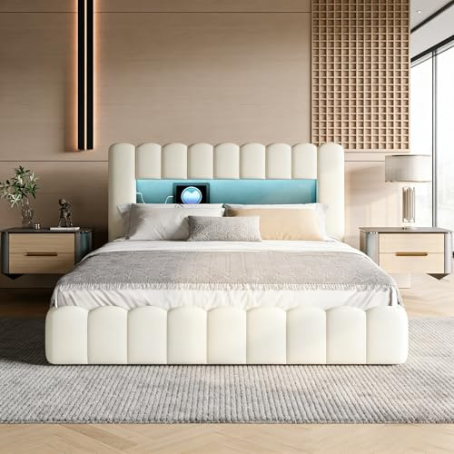 Cama Tapizada Bubble de 140 x 200 cm, Cama Doble con Canapé y Somier Cama Hidráulica con Iluminación Led y USB Estructura de Cama para Adultos y Adolescentes, Color Beige Lino