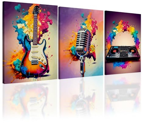 Rongxze 3 Stück Gerahmte Graffiti Musik Wandkunst Wanddeko,40x30cm | E-Gitarre Mikrofon DJ Wanddeko, HD Leinwandkunst, Für Wohnzimmer Jugendzimmer Aufnahmestudio
