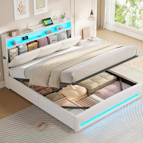 AGOLLATI Letto Contenitore Matrimoniale, Letto 140 x 190 cm con Illuminazione LED e Stazione di Ricarica, Letto Matrimoniale con Sollevamento Idraulico, Testiera Imbottita con Contenitore, Beige