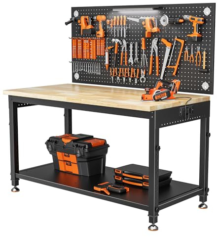 122x60 cm Heavy Duty Work Bench with Pegboard for Workshop, Garage, Office | 2000 LBS Load Capacity, Rubberwood Work Table, LED Light, Built-in Power Strip, 10 Adjustable Heights