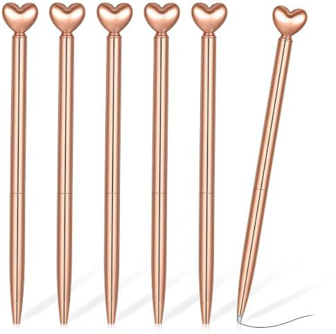 DOPENSPI 6 Stück Herzförmige Slim Kugelschreiber,Rose Gold Einziehbare Metall-Dekorationsstifte 1mm Schwarze Tinte Stifte Klick Niedliche Stifte Geschenke Für Frauen Schule Büro Hochzeit Valentinstag