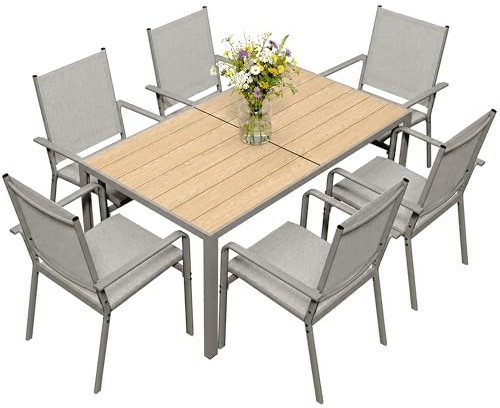 Xbro Conjunto de Mesa y Sillas Jardín de 7 Piezas, Mesa de Metal de Agujero Lateral para sombrilla y 6 Sillas Apilables de Textileno, Muebles de Terraza Resistentes al Óxido y a la Intemperie