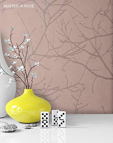 Newroom Vliestapete Vinyl Tapete mit Baummuster Rosa Rose Braun in edelster Ausführung, außergewöhnliches Tapeten Muster in moderner Landhaus Natur Optik für Design Liebhaber, inkl. Tapezier Ratgeber