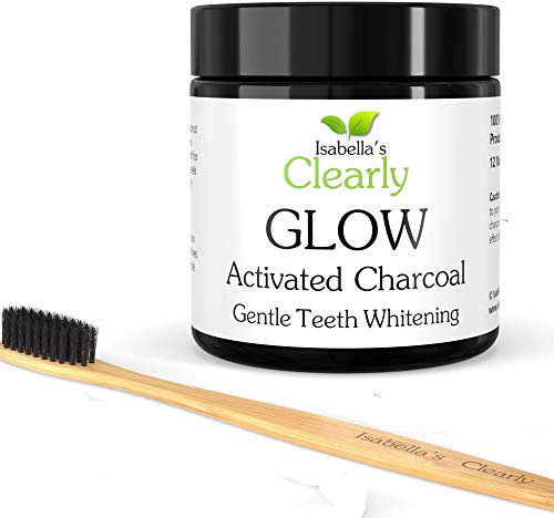 Clearly GLOW Teeth Whitening Activated Charcoal Powder + Soft Bamboo Toothbrush | Pure, Natural, Food Grade, Non GMO, Made in USA | Whiten Teeth Naturally. 80g (12 months supply)