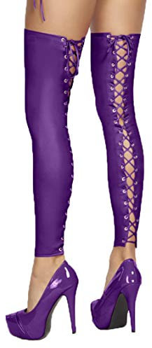 7Heaven Lila Dessous Strümpfe Bein-Stulpen mit Schnürung aus wetlook Material dehnbar halterlos S/M