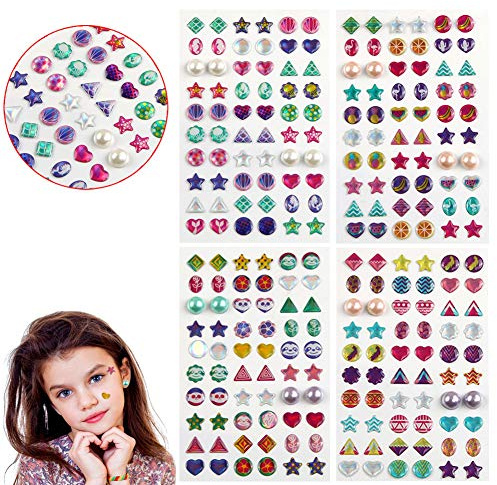 AUGSUN 240 Pièces Boucles d'oreilles Autocollantes Princesses, Autocollants Boucles d'oreilles en Strass 3D avec Perles pour Filles, Idéal pour Déguisement et Jeu de Rôle