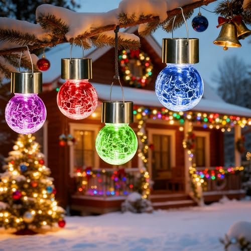 Solpex Hanging Solar Lights Outdoor, 8 Pack Decorative Cracked Glass Ball Light, Solar Powered Waterproof Globe Lighting, Hanging Globe Solar Lights for Garden, Yard, Patio, Lawn, Flower Bed