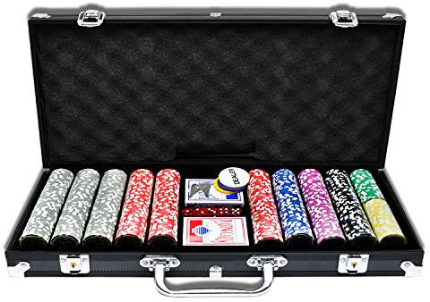 LZQ Pokerkoffer 500 Chips Texas Hold'em Poker Chips mit Schwarz Alumium Case Blackjack Gambing mit Carying Case und Casino Chips 2 Kartenspiele Dealer Small Blind Big Blind Buttons und 5 Würfel