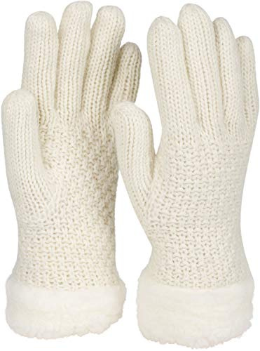 styleBREAKER Guantes de invierno para damas con estampado de perlas y vellón, guantes de punto térmico, guantes para los dedos 09010032, color:Blanco-crema