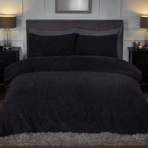 Sleepdown Set di biancheria da letto con copripiumino e federe, per letto matrimoniale (200 x 200 cm), in pile Teddy scintillante, caldo e super morbido, colore: antracite, poliestere