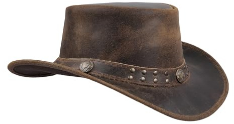 Leatherick Cappello Cowboy - Cappello Stile Western Australiano in Pelle di Cavallo Pazzo con Borchie Marrone con mentoniera (L, Marrone (Borchie))