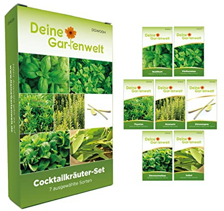 Cocktail-Kräutersamen Set - 7 Sorten Samen - Saatgut Sortiment - Anzuchtset für Kräuter - Geschenkset - Basilikum, Pfefferminze, Zitronengras, Zitronenmelisse und mehr