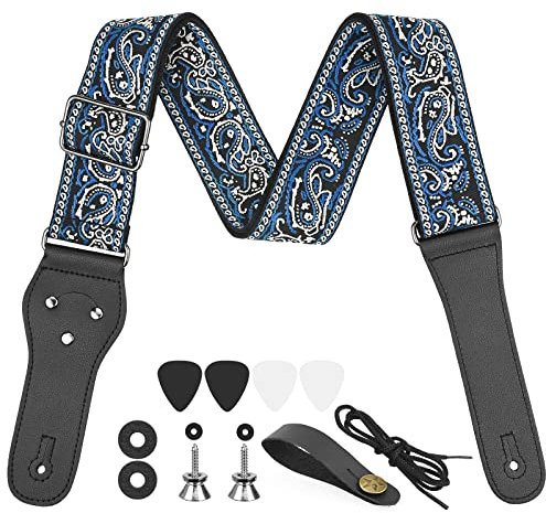 Gitarrengurt, Gitarrengurt aus Jacquardgewebe Retro Bestickter Baumwolle Gitarrengurte mit Gurtknöpfe, 2 Gurtschlössern und 4 Gitarrenplektren für Bass, Elektrik und Akustik, Erwachsene & Kinder, Blau