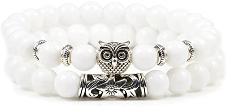 2 Stück/Set Eule Armband Naturstein Perlen Paar Armbänder Armreifen Energie Herren Frauen Charm Schmuck Weiß