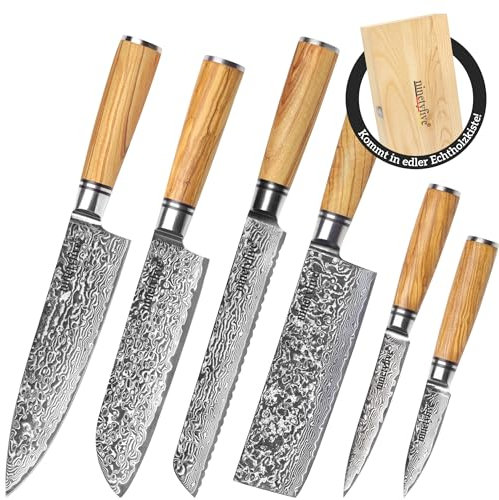 ninetyfive® hochwertiges 6 teiliges Damastmesser Set mit edler Geschenkbox aus Holz | extrem scharfe Küchenmesser mit Echtholzgriff | Küchenmesser Damast | Messerset | Messer damast