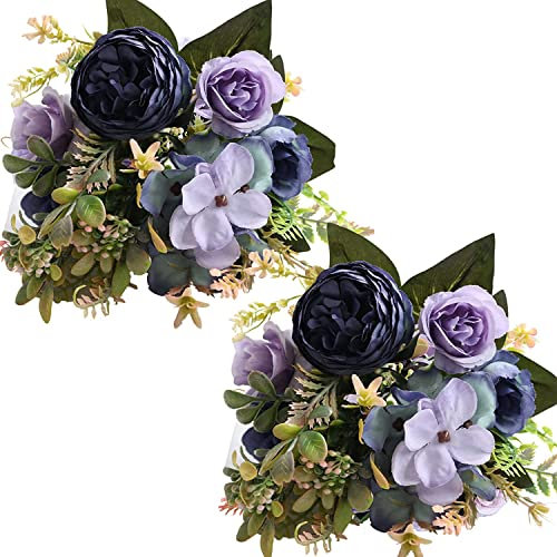 ASTRYAS Artificial Flowers, Artificial Peony Silk Flowers Fake Hydrangea Bouquet Realistic Autumn Rose Flowers Tropical Fern Leaves Wedding Table Centerpiece for Home Party Decoration (Dark Purple)