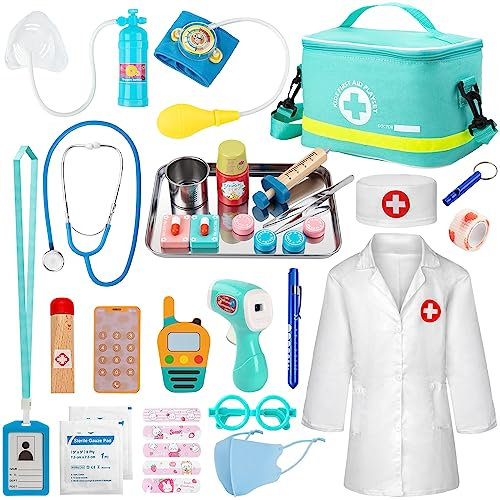 Sundaymot Valigetta Dottore Bambini, kit Dottoressa Bambina, con Vero Stetoscopio, Termometro, Camice da Medico e Borsa da Medico Portatile, Gioco di Ruolo per Ragazze e Ragazzi di 3, 4, 5 Anni