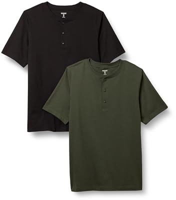 Amazon Essentials Men's Short-Sleeve Cotton Henley T-Shirt, Pack of 2, Black/Dark Olive, X-Large