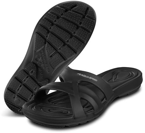 Aqua Speed Damen Komfortset | Duschlatschen Gr. 38 + Mikrofaserhandtuch | Leichte, elastische Badelatschen | Schwarz | Ideale Strandschuhe | Modell Panama