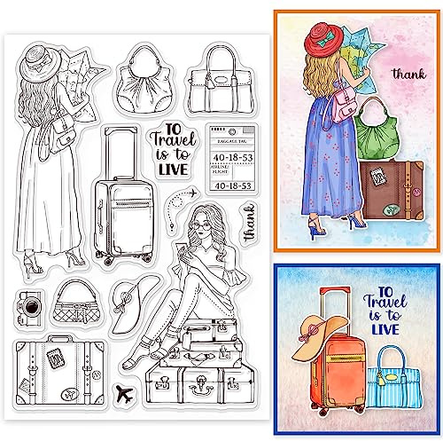 GLOBLELAND Mode Frauen Reisen Silikonstempel Dame Kofferraum Transparente Stempel Urlaub Klare Stamps Für Karten Herstellung DIY Scrapbooking Basteln